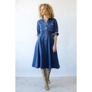 Vintage Denim Midi Shirt Dress with Elastic Waist & Pockets | SZ M